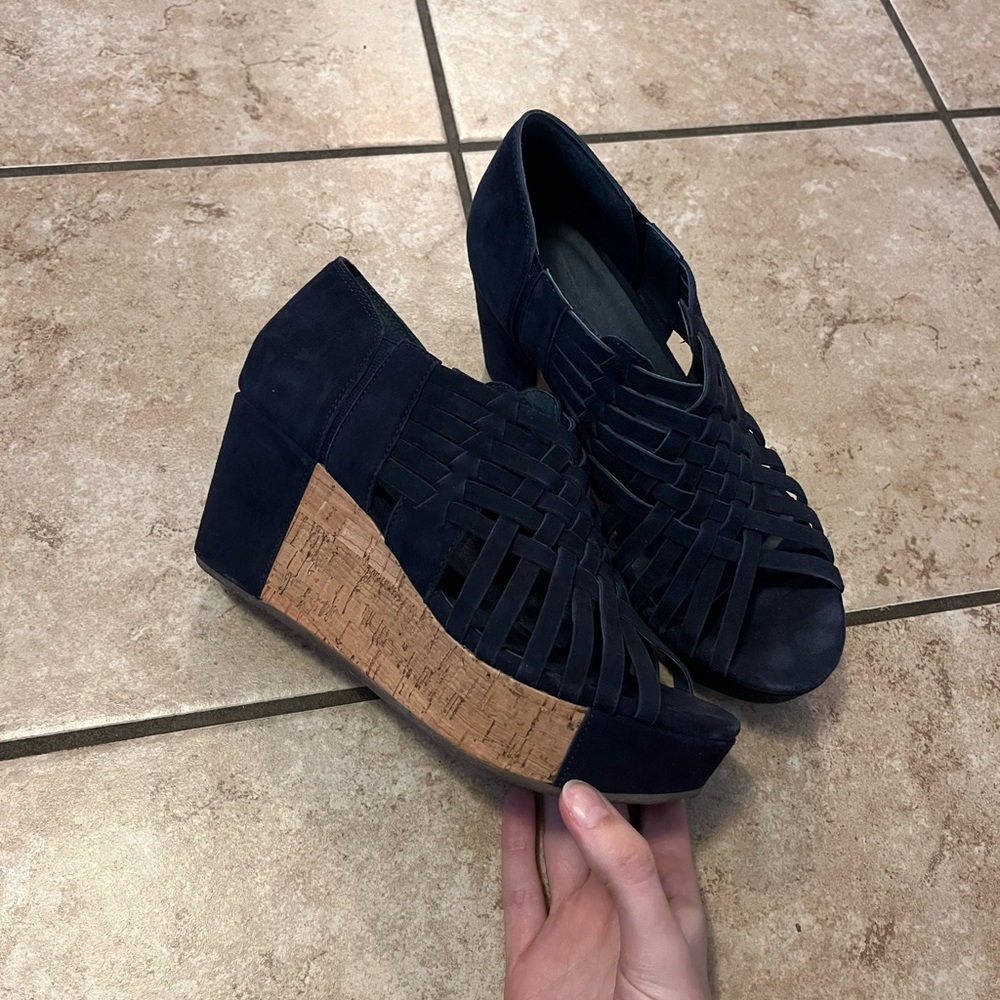 Chocolat Blu Navy Woven Cork Wedge Sandals